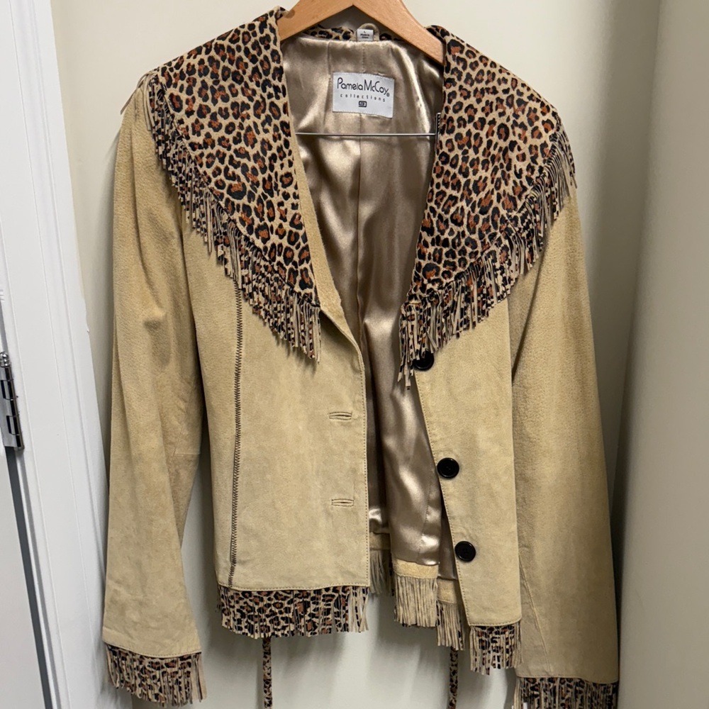 Pamela McCoy Tan Leather Jacket with Leopard Accents